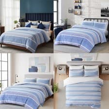 Image of Finn Stripe Polycotton Duvet Cover Set Blue Striped Bedding with Pillowcases