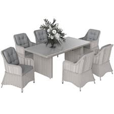 Image of Outsunny 6 Seater Rattan Dining Set with Glass Top Table and Cushions, Grey