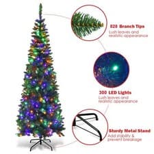 Image of Christmas Tree Pre Lit Slim Pencil Green Artificial Bushy Pine XMAS Decor 8FT UK