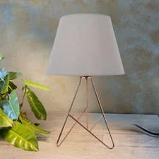 Image of Tripod Copper 42cm Table Lamp Metal Curved Stem With Grey Cotton Fabric Shade