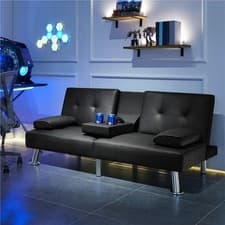 Image of Limon 2-Seater Adjustable Black Leather Sofa Bed with Built-In Drink Holder