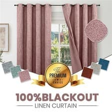 Image of Thermal Linen 100% Blackout Curtains Ready Made Eyelet Ring Top Curtain Pair