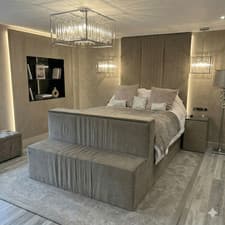 Image of Heavenly linestyle Upholstered TV Bed Frame in Plush Velvet Fabric All Color