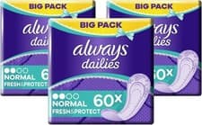 Image of Always Dailies Fresh & Protect Normal Pantyliners, 60 per Pack (Pack of 3)