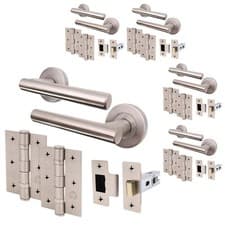 Image of Satin Nickel Door Handle Latch set, Pack of 5 - Handles, Latch 64mm, Hinges 76mm