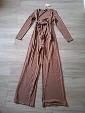 Image of Missguided Maternity Light Brown Ribbed Stretch Jumpsuit BNWT Wide Leg UK8