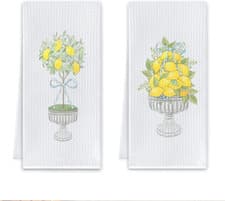 Image of Blue Bow Lemon Tree Kitchen Towels, Rustic Italian Lemon Dish Tea Towels for Kit