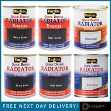 Image of RUSTINS QUICK DRY RADIATOR ENAMEL PAINT SATIN GLOSS WHITE BLACK GREY 250ML 500ML