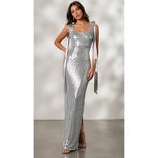 Image of Angel Biba Sequin Maxi Dress Women Small Silver Satin Tie Gown NWT Party