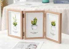 Image of Foldable Triple Photo Multi Frame Wood Effect Hinged Holds Three 6x8 Inch Photos