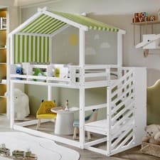 Image of Kids Bunk Bed with Storage, Stairs, Bookshelf, Playhouse Canopy 3ft