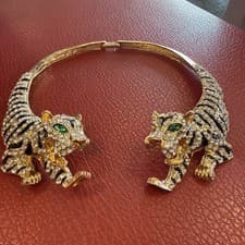 Image of Statement Double Tiger Choker Necklace Rhinestone Crystal Gold Tone Chunky Bold