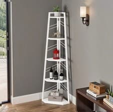 Image of Modern White Corner Shelf Stand 5-Tier Corner Bookshelf Bookcase for Living Room