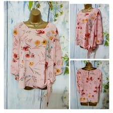 Image of New Bonmarche Pink Floral Blouse Size 16 Tunic Style Side Tie Top 3/4 Sleeves