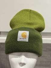 Image of Carhartt Logo Patch Knit Cuffed Two-Tone Beanie Hat Light Moss Green Winter Warm