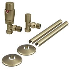 Image of Thermostatic Radiator Valves Angled with Pipe Covers and Collars Brushed Brass