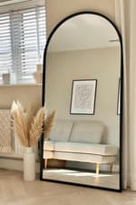 Image of Large Arched Leaner Wall Mirror Black Metal Frame 180x90cm Full Length