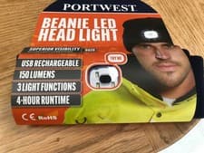 Image of Portwest B029 black winter warm beanie hat with LED head light