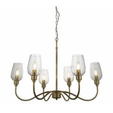 Image of Multi Arm Hanging Ceiling Pendant Light - Antique Brass & Glass Shade - 6x E14