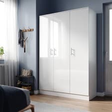 Image of White High Gloss 2/3 Door Wardrobe with Hanging Rails Bedroom Furniture 2 Set 