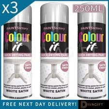 Image of 3 x WHITE SATIN FINISH AEROSOL SPRAY PAINT 250ML FOR METAL WOOD PLASTIC FAST DRY