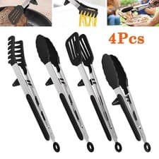 Image of Food Tongs Set 4 Pieces Stainless Steel & Silicone Tongs Cooking Tong Kitchen