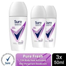 Image of 3x Sure Women Motion Sense AP Deodorant Rollon 72H Nonstop, Pure Fresh - 50ml