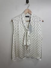 Image of Mint Velvet Polka Dot Blouse Top Size 18 Cream Black Tie Neck RRP £89