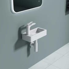 Image of Cloakroom Wash Basin Sink Ceramic Compact Wall Hung LH Tap Hole Waste Plug 370mm