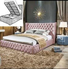 Image of Plush Velvet Wingback Storage Bed, Chesterfield Storage Bed, Ottoman Gaslift Bed