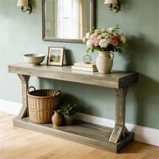Image of Taupe Console Table Solid Wood Waxed Shelf Storage Living Room Hallway Furniture