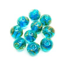 Image of Handmade Lampwork Glass Beads 10pcs Blue Gold Swirls 10mm Dia Feature Jewellery
