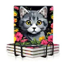 Image of Set of 4 Ceramic Cat Themed Coasters With Stand - Sale For Our Animal Charity E