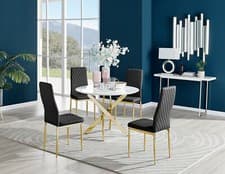 Image of Novara White Gloss Gold Leg Round Dining Table & 4 Milan Chairs Furniture Set