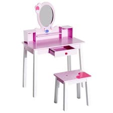 Image of HOMCOM Kids Dressing Table and Stool Set Make Up Desk with Storage (Pink)