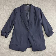 Image of Amanda + Chelsea Blazer Womens Medium, Navy Ruched Sleeve One Button Pockets