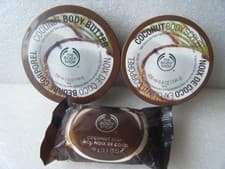 Image of THE BODY SHOP " COCONUT " 200ml BODY BUTTER, 200ml BODY SCRUB + SOAP BAR - NEW