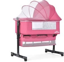 Image of Bedside Baby Crib Bassinet Sleeper Pink Adjustable Height with Wheels & Tilt