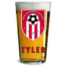 Image of PERSONALISED PINT BEER GLASS FOOTBALL INSPIRED WITH FAVOURITE SOCCER TEAM BADGE
