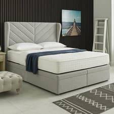 Image of Curve Winged Bed Frame Wingback Upholstered Ottoman Storage Bed with Headboard