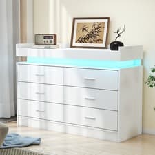 Image of Chest of 6 Drawer White wit RGB LED Light Bedroom Wide Bedside Organizer Cabinet