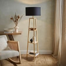 Image of Standard Floor Lamp Shelving Storage Living Room Light Large Shade Natural Wood