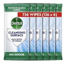 Image of Dettol Antibacterial Cleansing Surface Biodegradable Wipes , 756 Wipes(126x6pck)
