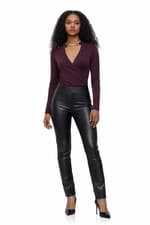 Image of GUESS Plum Wrap Bodysuit Gold Chain Detail Long Sleeve Stretch Top S