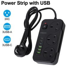 Image of 3 Way Outlets Extension Lead With 6 USB Surge Protected UK Plug Socket 2M ⭐⭐⭐