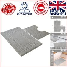 Image of Elegant Greek Key Pattern 2-Piece Bath Mat Set in Silver - Non-Slip & Soft
