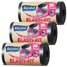 Image of Bacofoil Elasti-Fit Bin Liners with Drawstring Handles 50L - (3 Rolls, 30 Bags)