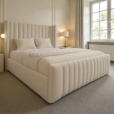 Image of Winged Panel Plush Velvet Upholstered Ottoman Bed Frame with Gas Lift Storage