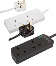 Image of 2 Two Gang Extension Lead 13A Surge Protected Black White UK Plug Socket UK Lead