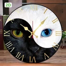 Image of 10inch Black & White Cat Wooden Wall Clock Silent Round Hanging Home